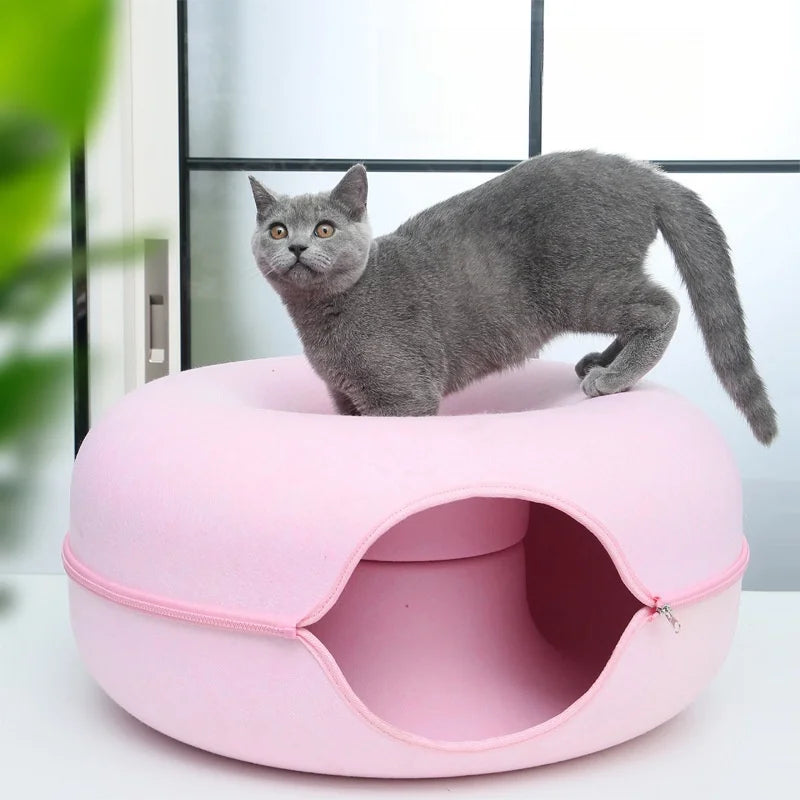 Factory Price Cat Tunnel Bed Solid Pattern Donut Shape Doughnut Felt Pet Accessories Comfortable Closed Tire for Pets