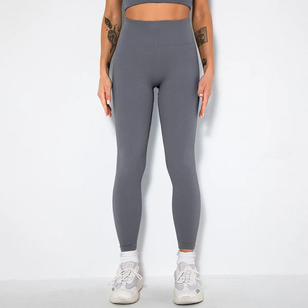 Seamless Ribbed Women Leggings Ladies High Waist Push Up Leggins Tight Striped Fitness Pants for Women Sport Gym Workout Pants