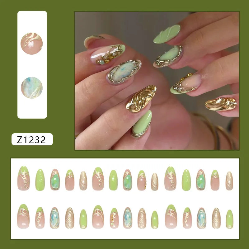 24pcs False Nails Glossy Green Summer Almond Fake Nail Tips Wearable Detachable Fashion Flower Print Press on Nails for Girl
