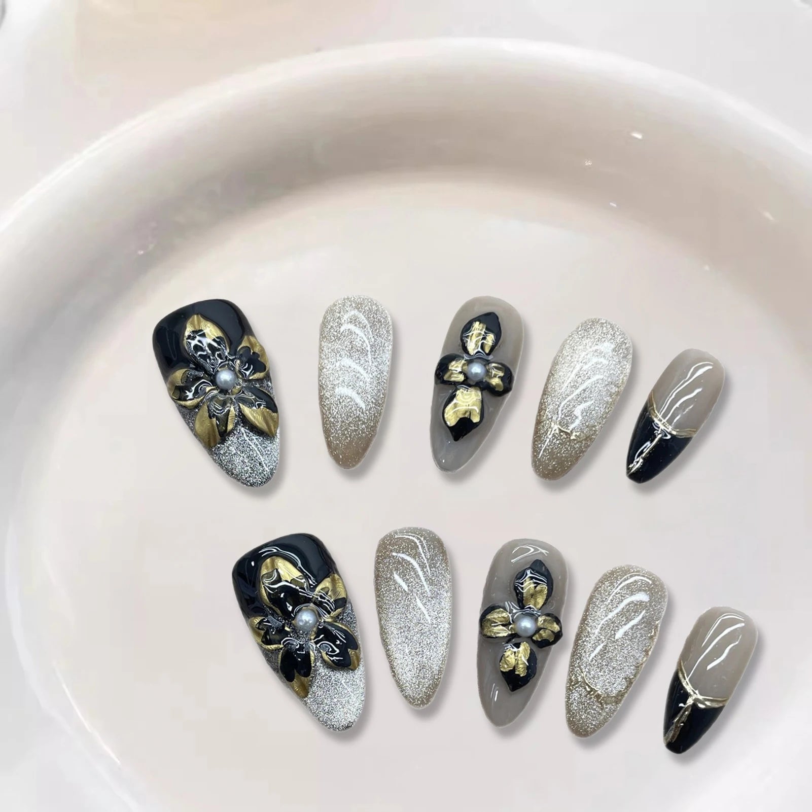 10PCS Handmade Almond Fake Nails With Carved 3D Floral Cat Eyes Pearl Brown Fake Nails Long Oval False Nail Wearable