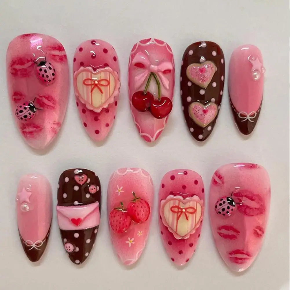 Summer Beach False Nails  Colorful Nails Sets With Pearl Flower Design Press On Nails Art Wearable Fake Nail