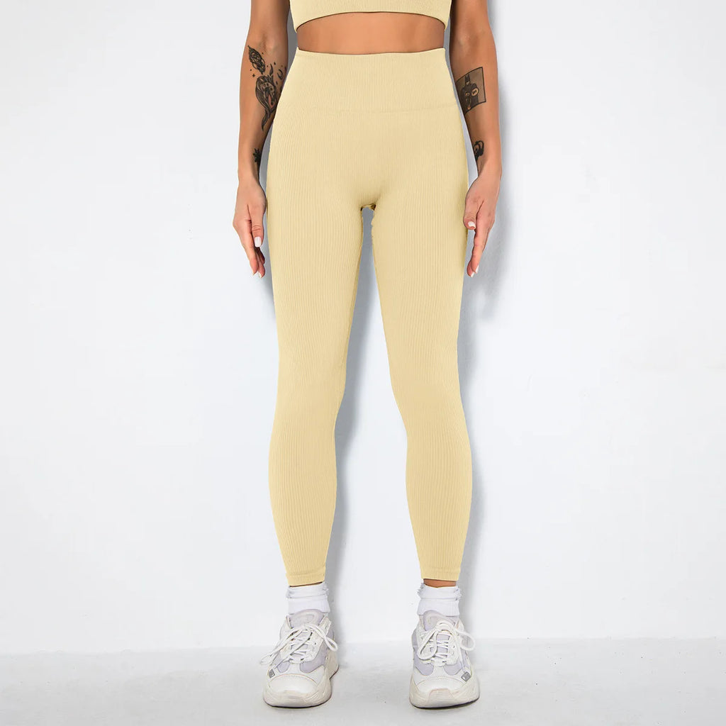 Seamless Ribbed Women Leggings Ladies High Waist Push Up Leggins Tight Striped Fitness Pants for Women Sport Gym Workout Pants