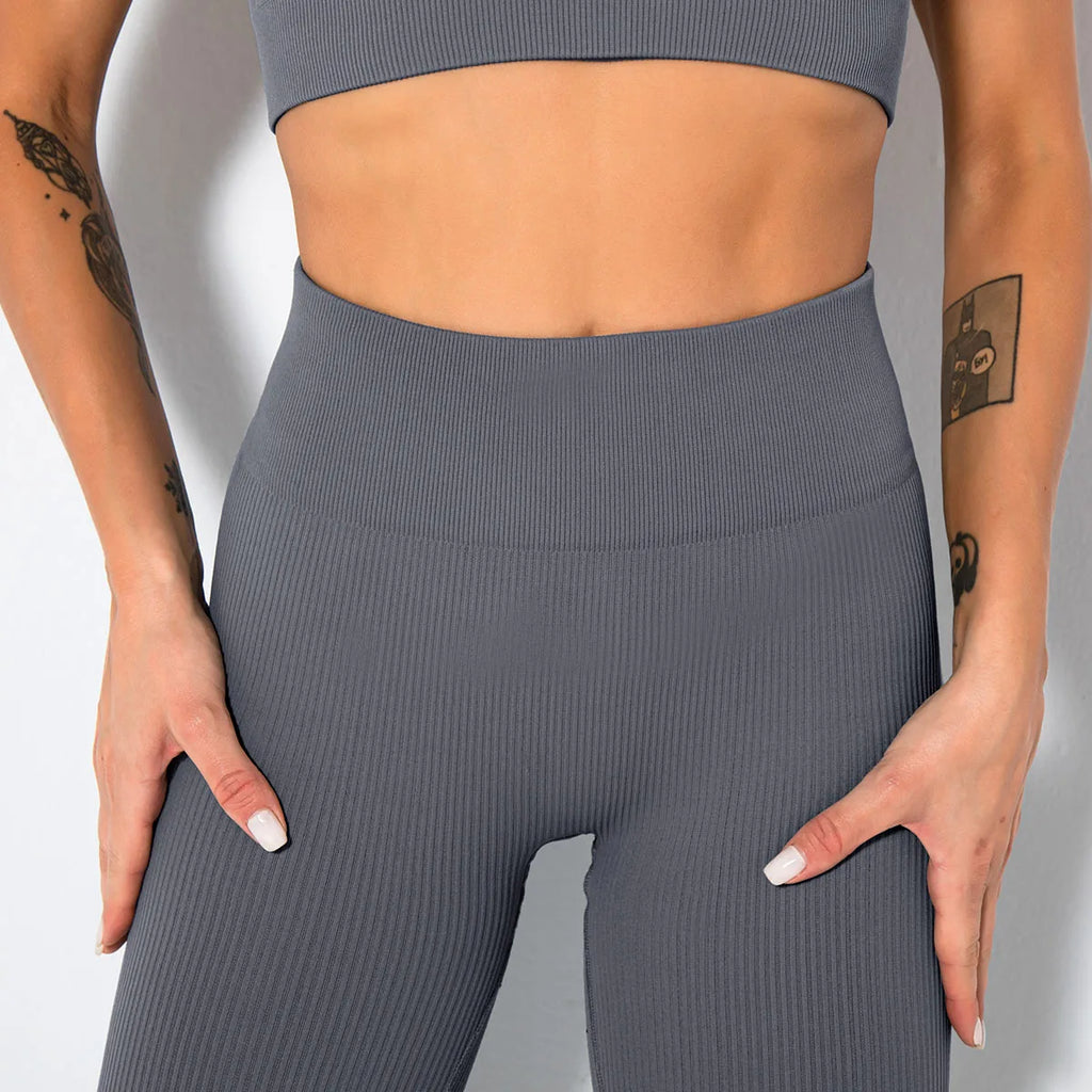 Seamless Ribbed Women Leggings Ladies High Waist Push Up Leggins Tight Striped Fitness Pants for Women Sport Gym Workout Pants
