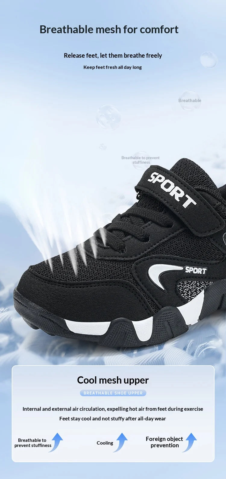 A pair of boys' sports shoes, with mesh upper, anti-slip and wear-resistant sole, and comfortable and soft upperFED-8877