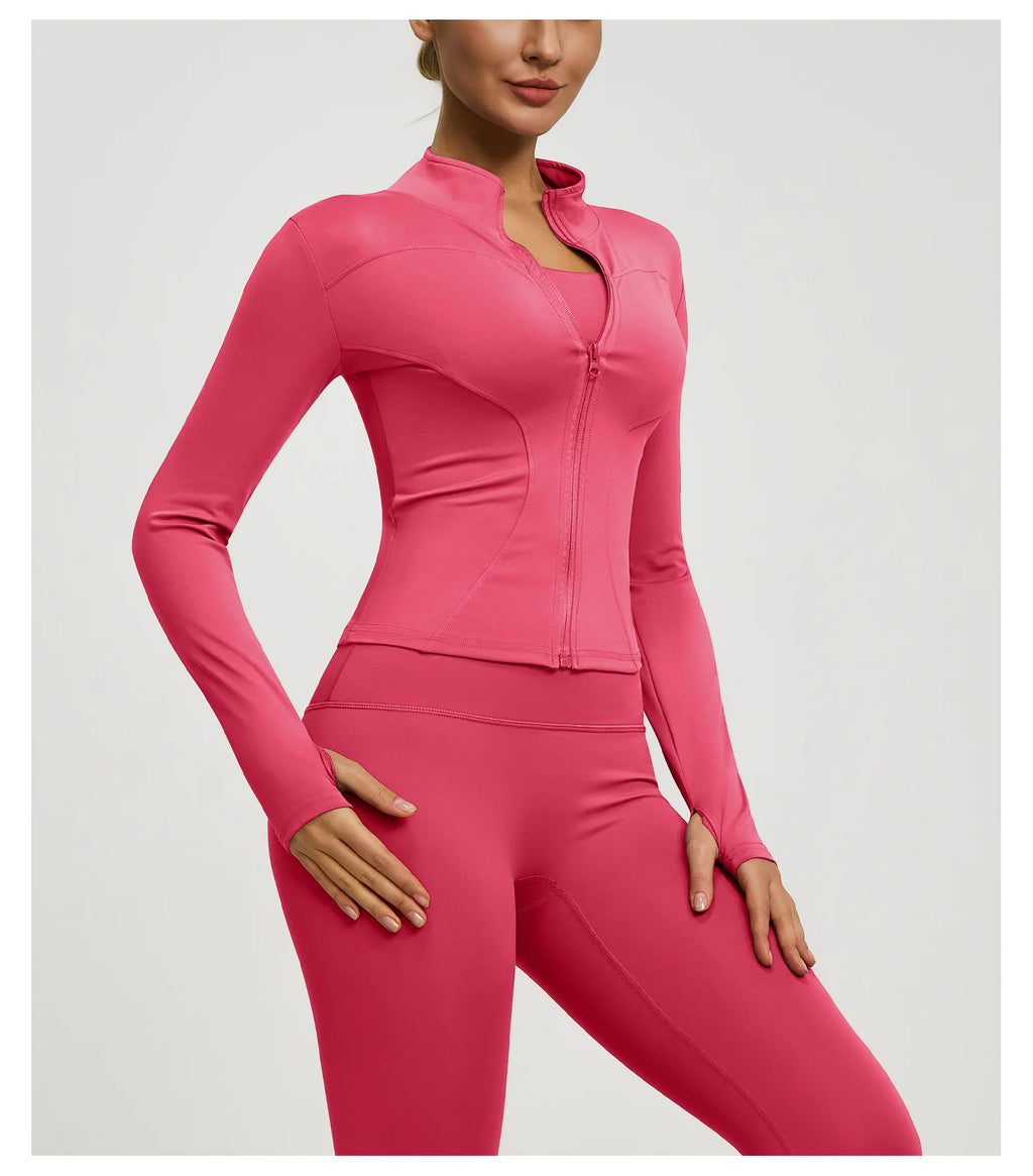 Slim Zipper Jacket Sports Jacket Women's Long Sleeved Tight Fitting Jacket Running Fitness Yoga Suit Top Peach Yoga Coat