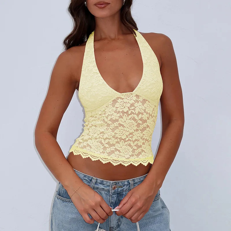 Women Summer Halter Tank Tops Hot Girls Sexy Hollow Out Lace Backless Vest Crop Tops