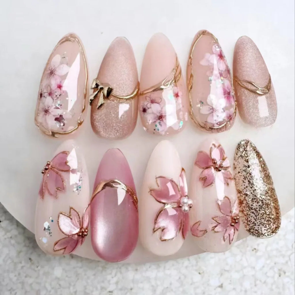 24pcs False Nails Glossy Green Summer Almond Fake Nail Tips Wearable Detachable Fashion Flower Print Press on Nails for Girl