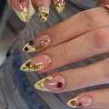 24Pcs Almond-Shaped Nails in Spring-Summer Style, Goose Yellow French Minimalist Fashion Fake Nails, Elegant Bud Flower Design, Cute Ladybug Design, Wearable Nails Suitable for Home Parties, Removable Fake Nails Suitable for