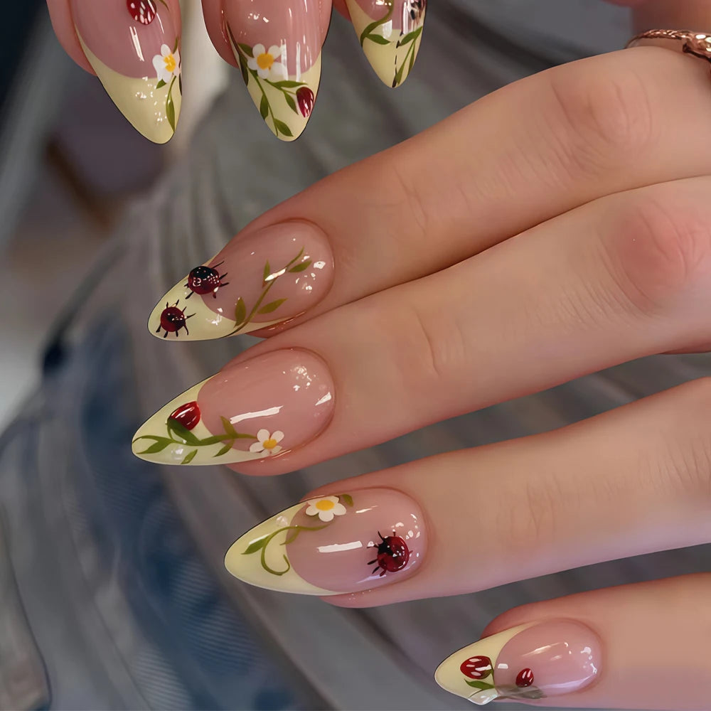 24Pcs Almond-Shaped Nails in Spring-Summer Style, Goose Yellow French Minimalist Fashion Fake Nails, Elegant Bud Flower Design, Cute Ladybug Design, Wearable Nails Suitable for Home Parties, Removable Fake Nails Suitable for
