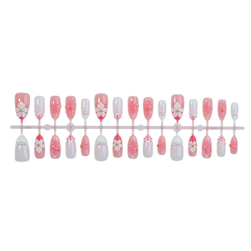 24pcs/set Flower French Almond Press on Nails Summer False Nails Pink Wearable Stick-on Nails Fake Nail Накладные Ногти 네일팁 Uñas