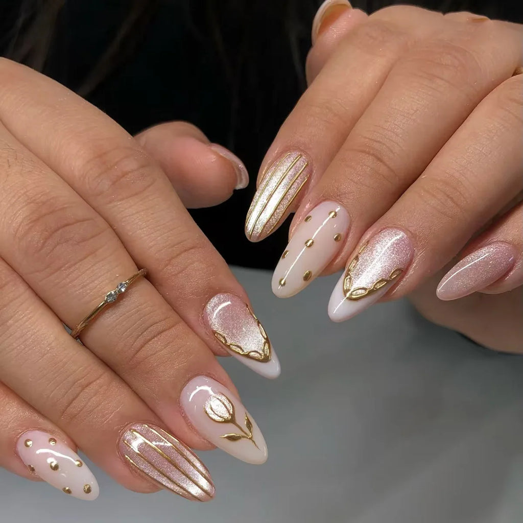 24pcs False Nails Glossy Green Summer Almond Fake Nail Tips Wearable Detachable Fashion Flower Print Press on Nails for Girl