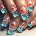 Medium long Square fake nails for women Summer blue water fish in yellow red colors full cover press on acrylic false nail art