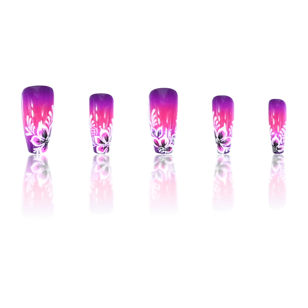 A full set of 24 medium-size coffin-shaped fake nails, crafted with gradient and smudge techniques and adorned with fuchsia flor