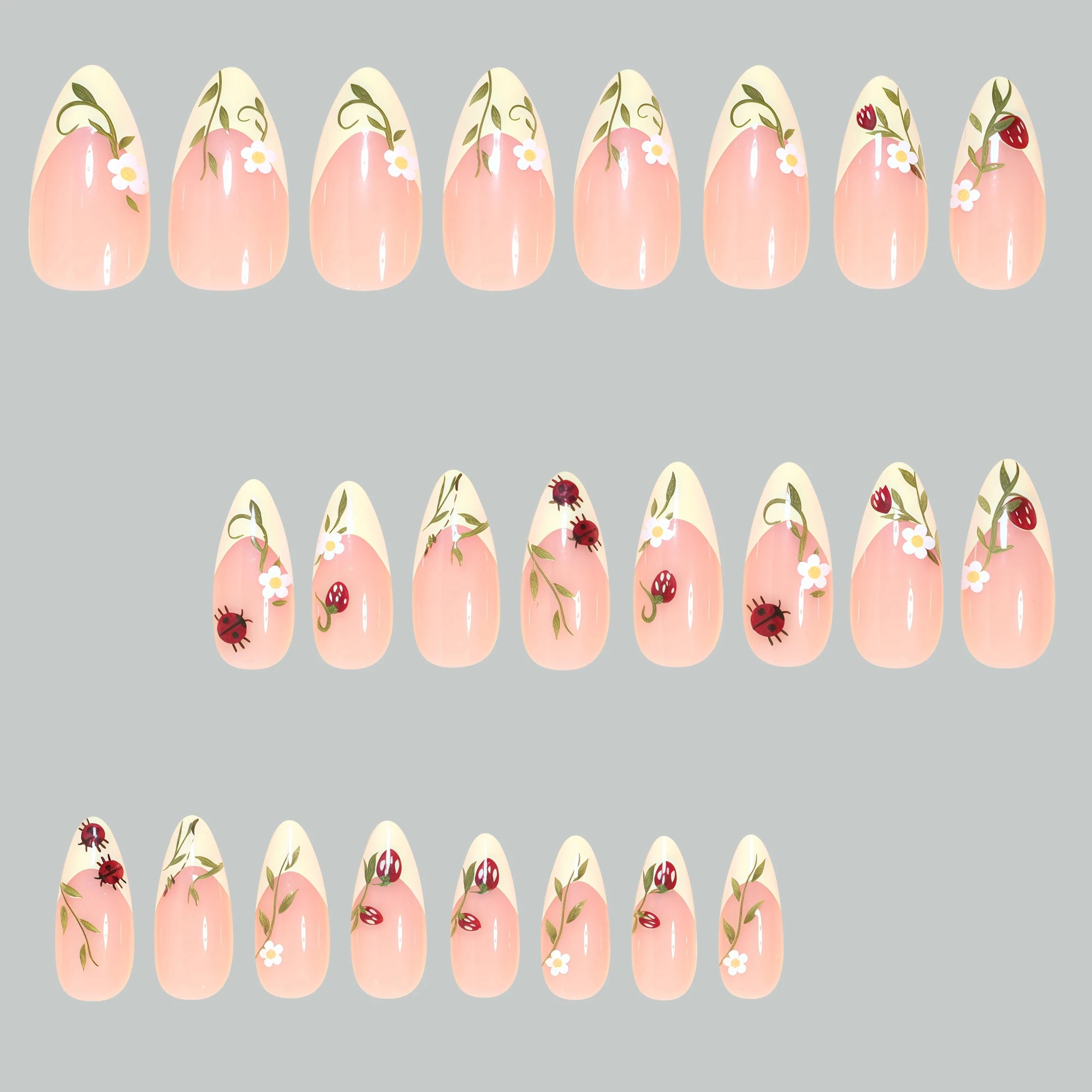 24Pcs Almond-Shaped Nails in Spring-Summer Style, Goose Yellow French Minimalist Fashion Fake Nails, Elegant Bud Flower Design, Cute Ladybug Design, Wearable Nails Suitable for Home Parties, Removable Fake Nails Suitable for