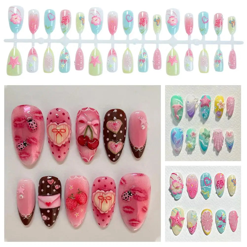 Summer Beach False Nails  Colorful Nails Sets With Pearl Flower Design Press On Nails Art Wearable Fake Nail