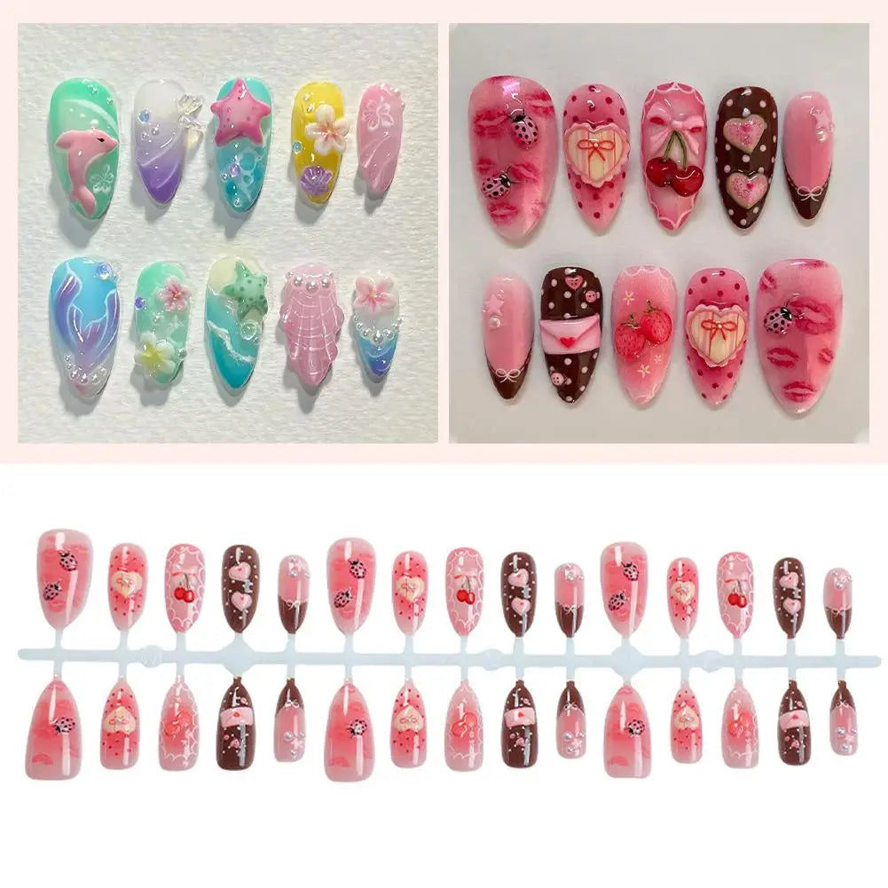 Summer Beach False Nails  Colorful Nails Sets With Pearl Flower Design Press On Nails Art Wearable Fake Nail