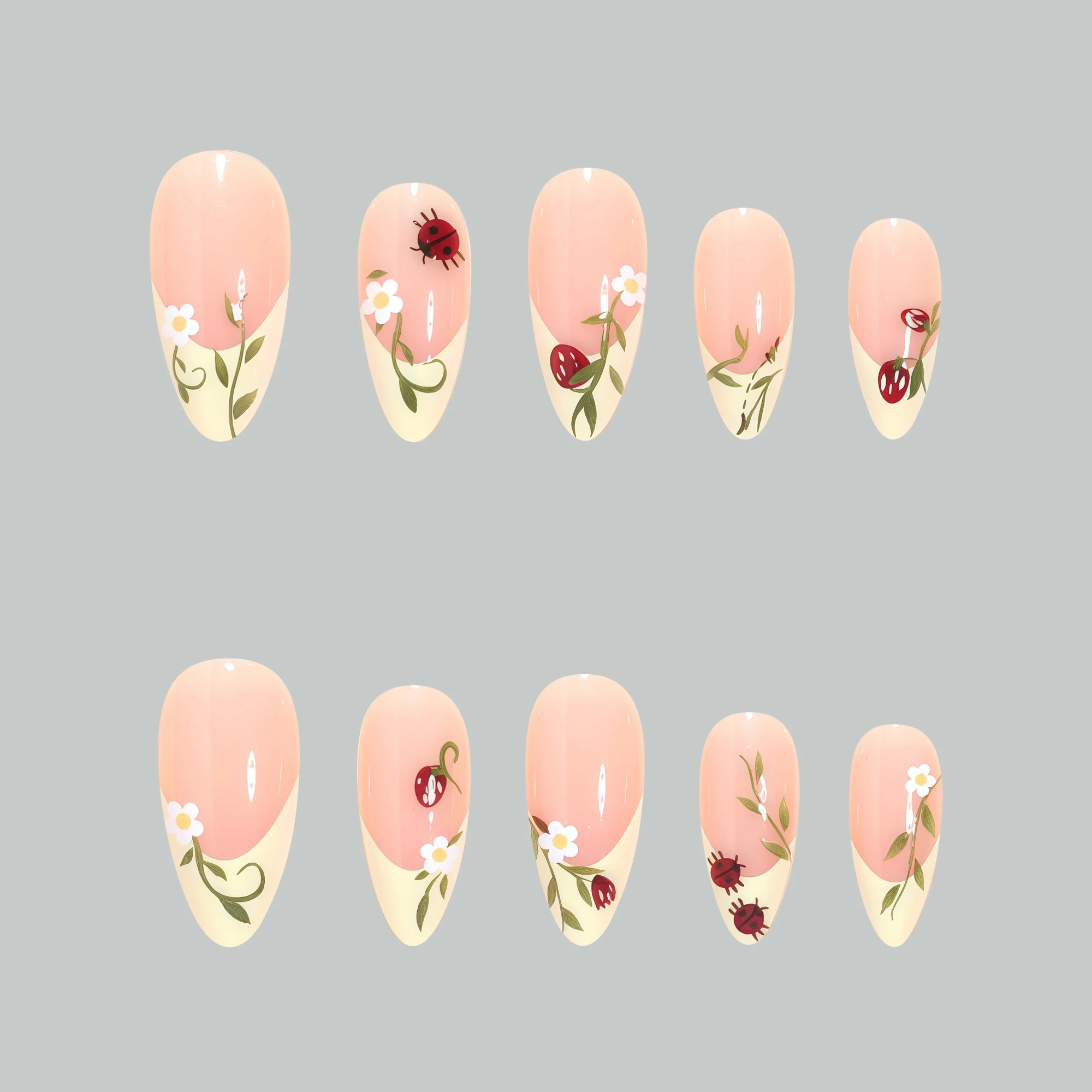 24Pcs Almond-Shaped Nails in Spring-Summer Style, Goose Yellow French Minimalist Fashion Fake Nails, Elegant Bud Flower Design, Cute Ladybug Design, Wearable Nails Suitable for Home Parties, Removable Fake Nails Suitable for