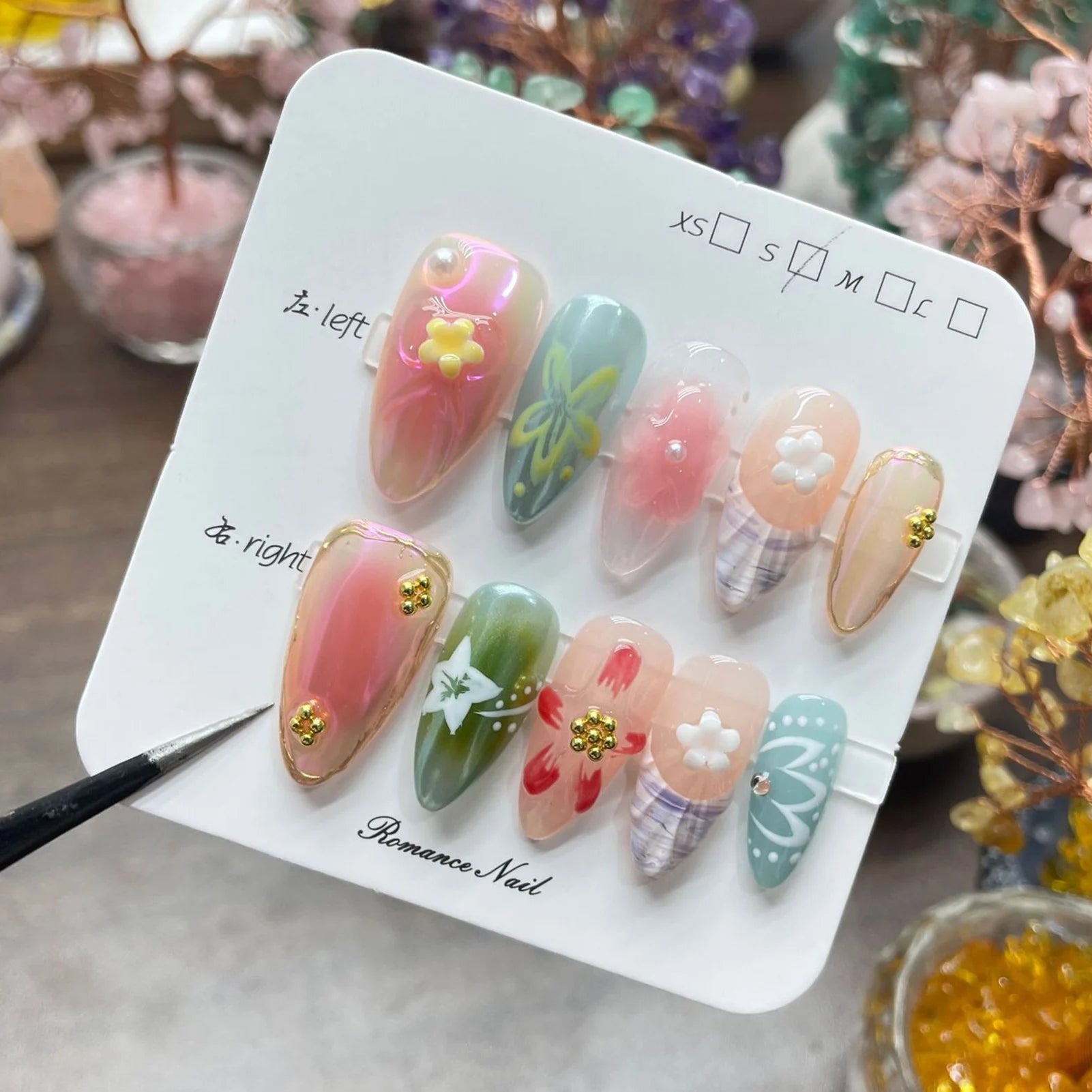 10PCS Handmade Almond Fake Nails With Carved 3D Floral Cat Eyes Pearl Brown Fake Nails Long Oval False Nail Wearable