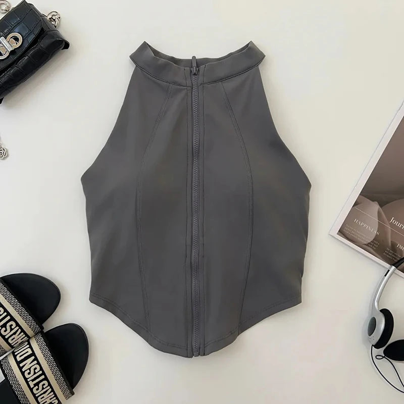 Slim Yoga Vest for Women Fashion Zipper Sleeveless with Chest Pad Running Fitness Clothing Bare Sensation Weight Loss Sportswear