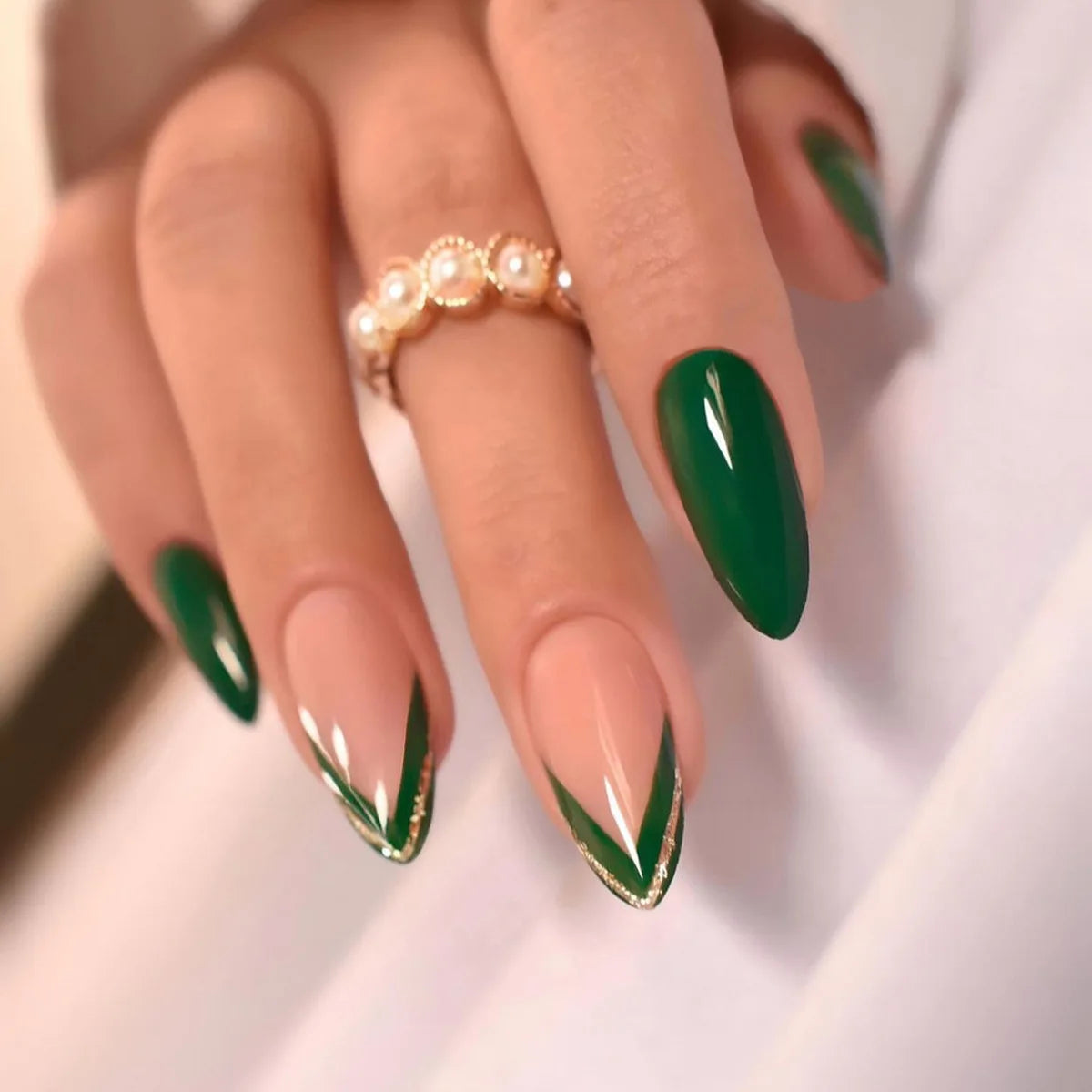 24pcs French False Nails Almond Head Summer Style Glitter Design Fake Nail Patch Full Cover Wearable Women Press on Nail Tips