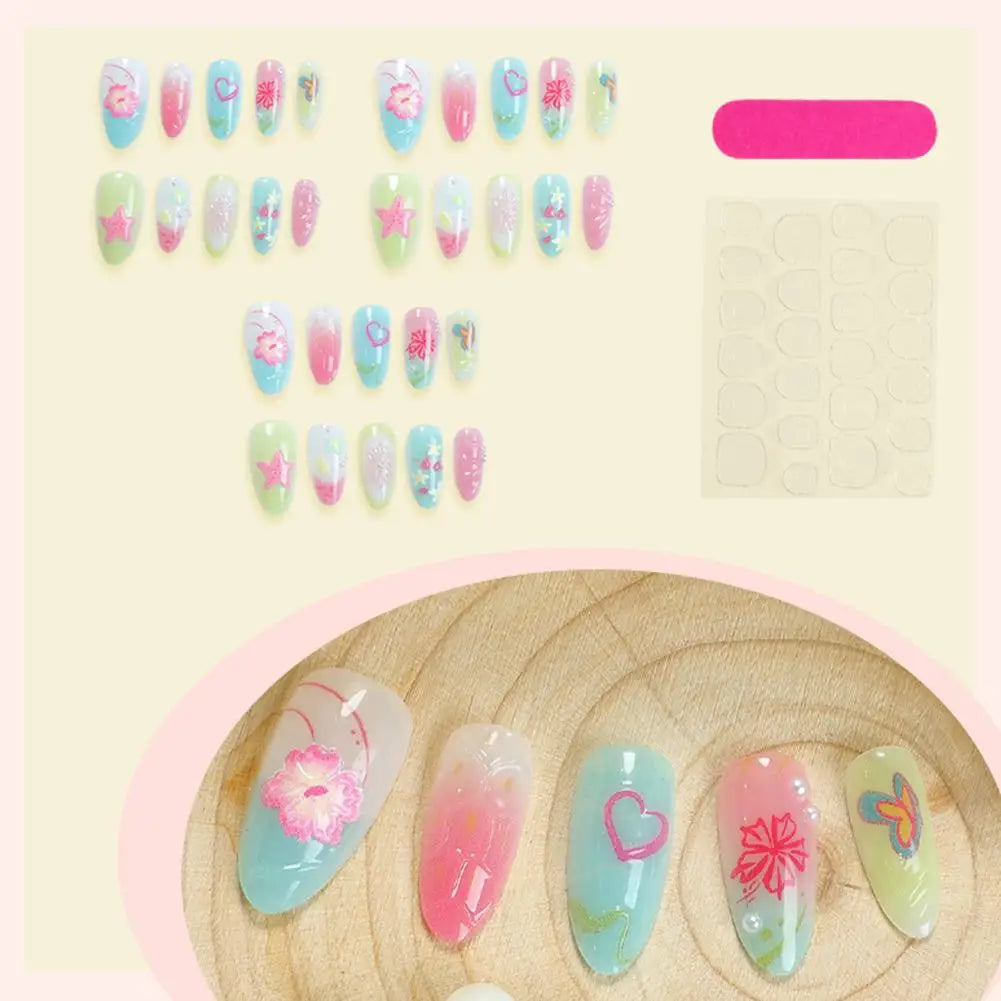 Summer Beach False Nails  Colorful Nails Sets With Pearl Flower Design Press On Nails Art Wearable Fake Nail