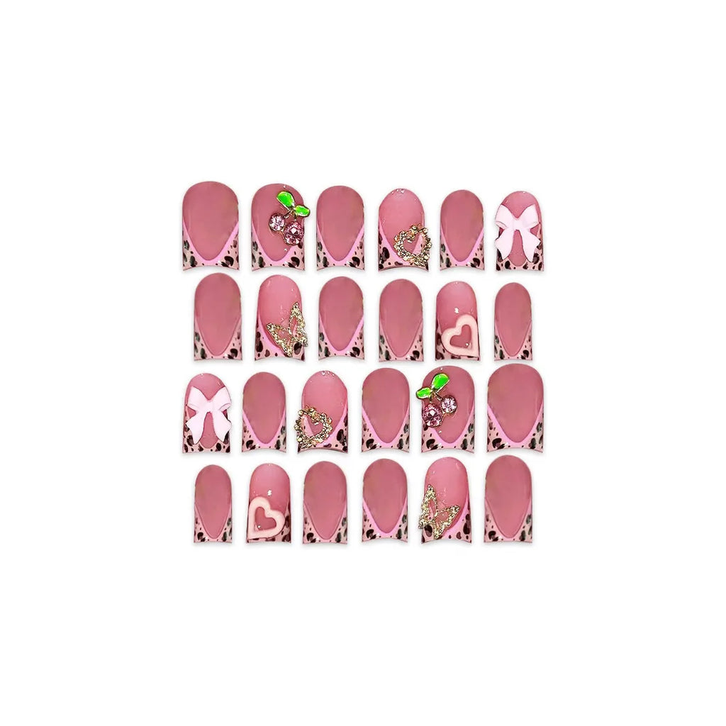24pcs Nude Pink Sweet Fake Nails Short Duckbill Leopard Print French False Nails With 3D Bowknots Butterfly Cherry Press On Nail