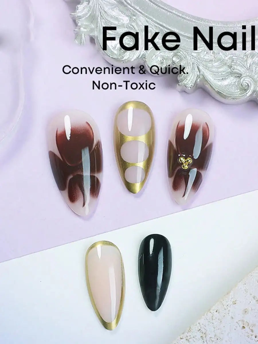 24pcs Medium Almond Press On Nails Brown And Golden Fake Nails Full Cover False Nails For Women And Girls
