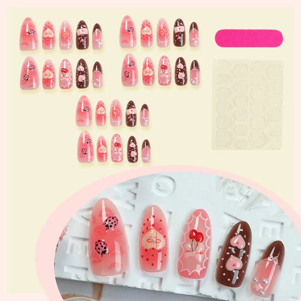 Summer Beach False Nails  Colorful Nails Sets With Pearl Flower Design Press On Nails Art Wearable Fake Nail