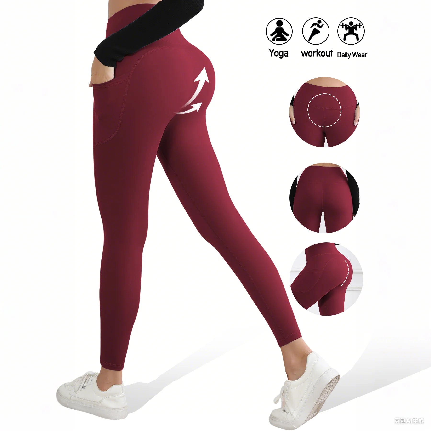 Women Leggings with Pockets Tummy Control Solid Color Fitness Tights Butt Lifting Workout Leggings Casual Wear
