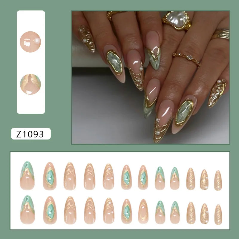 24pcs False Nails Glossy Green Summer Almond Fake Nail Tips Wearable Detachable Fashion Flower Print Press on Nails for Girl