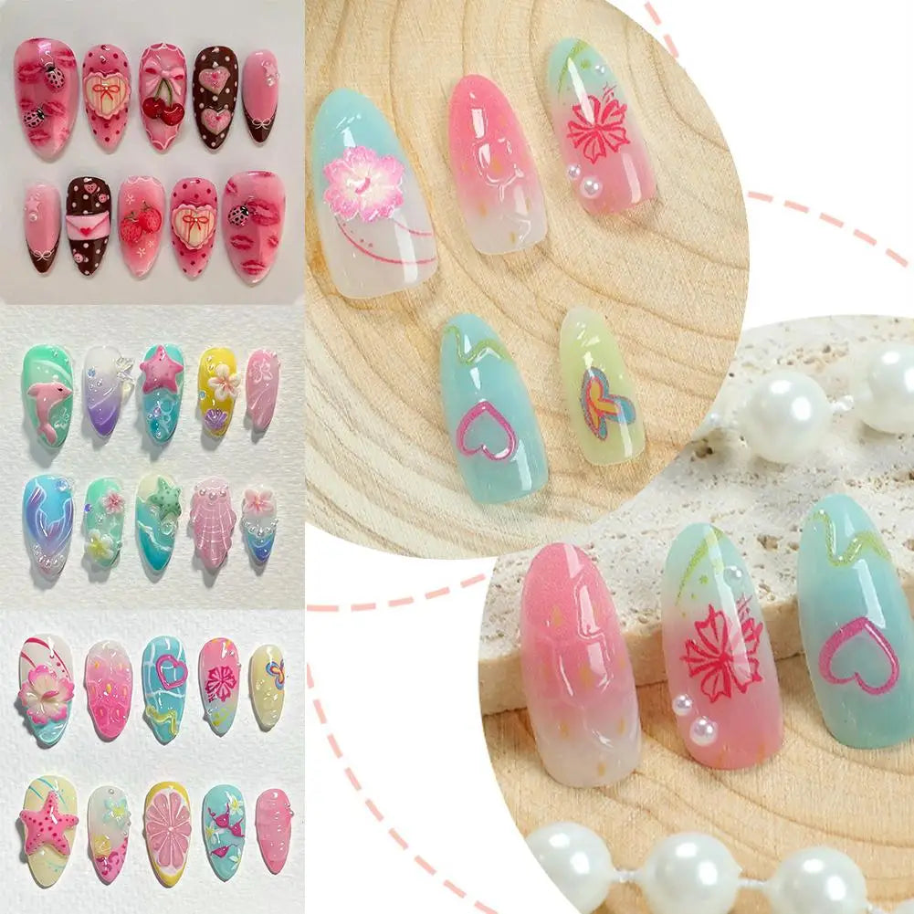 Summer Beach False Nails  Colorful Nails Sets With Pearl Flower Design Press On Nails Art Wearable Fake Nail