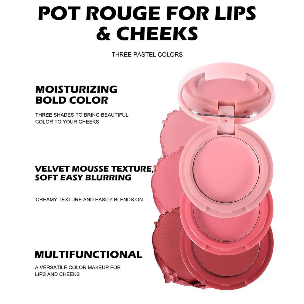 3-in-1 Multi-use Makeup Palette 3-Color Folding Matte Blush Tray Velvet Mousse Lip Mud for Cheeks Lips & Eyes Makeup