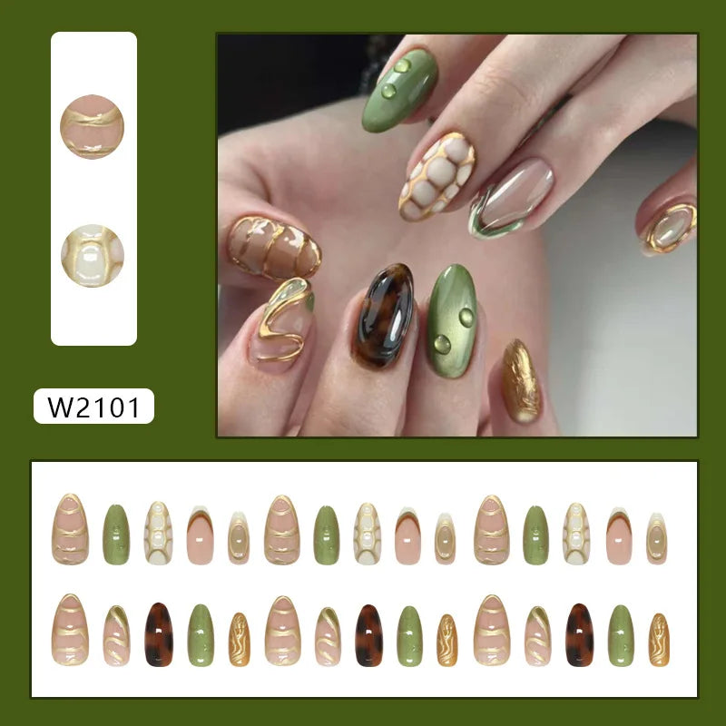 24pcs False Nails Glossy Green Summer Almond Fake Nail Tips Wearable Detachable Fashion Flower Print Press on Nails for Girl