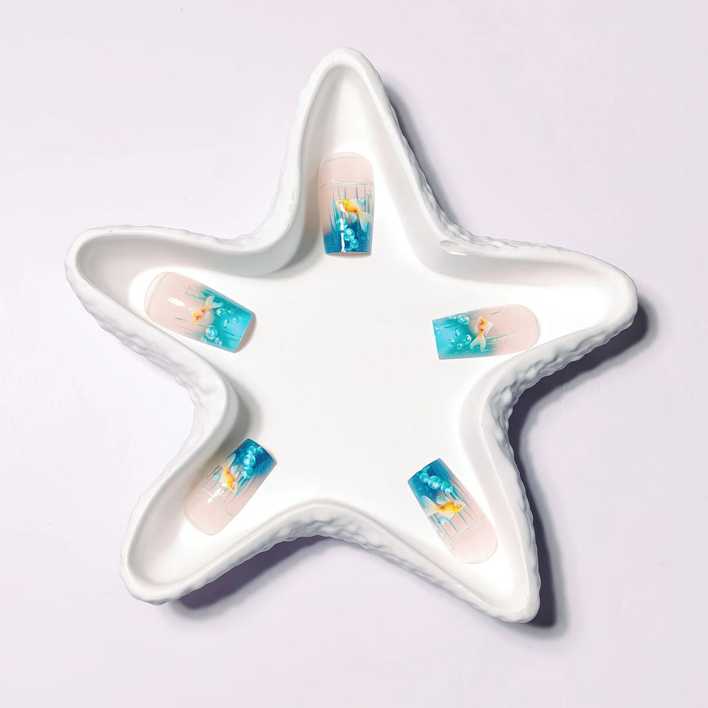 Medium long Square fake nails for women Summer blue water fish in yellow red colors full cover press on acrylic false nail art