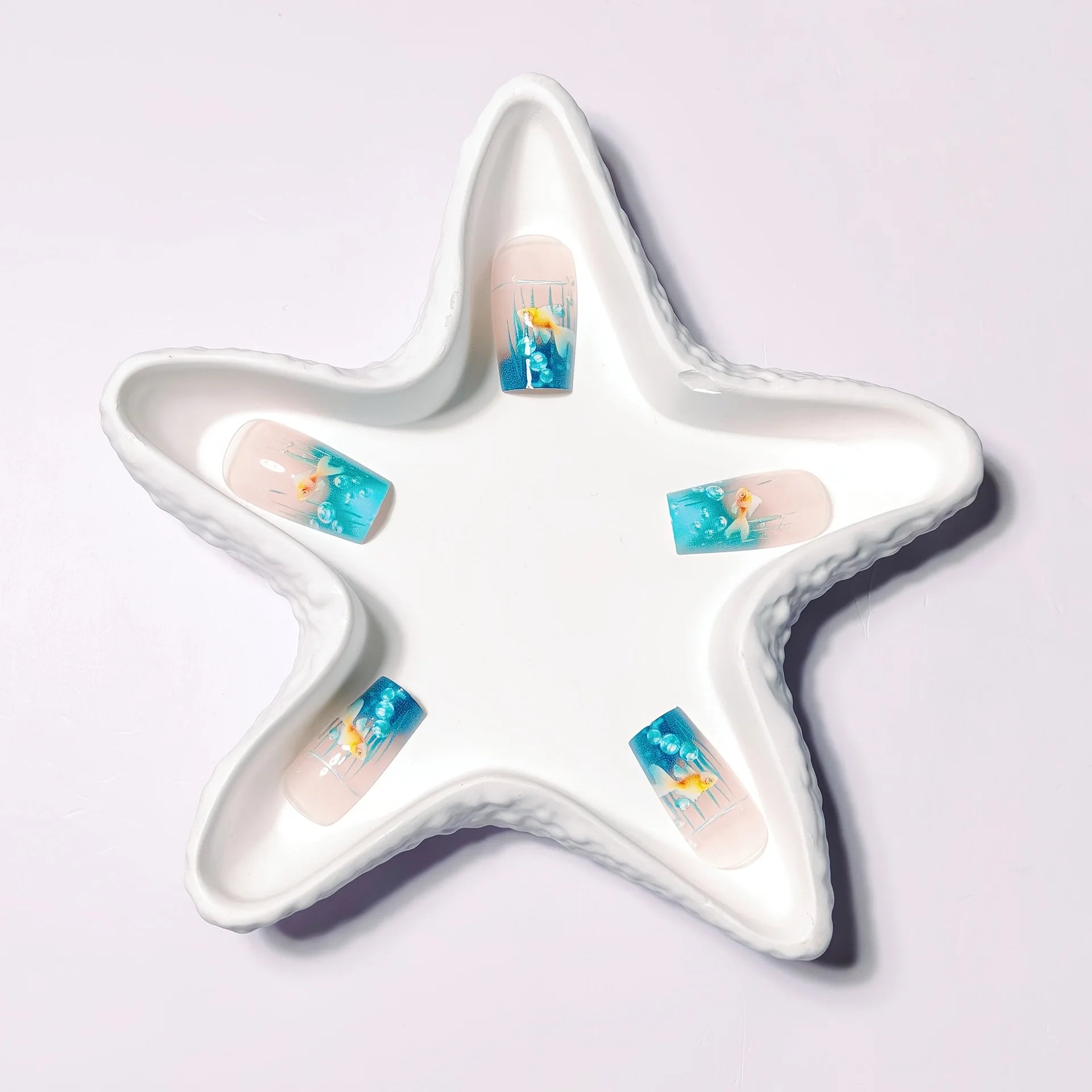 Medium long Square fake nails for women Summer blue water fish in yellow red colors full cover press on acrylic false nail art