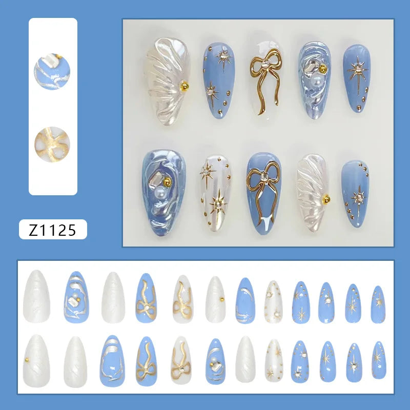 24pcs False Nails Glossy Green Summer Almond Fake Nail Tips Wearable Detachable Fashion Flower Print Press on Nails for Girl