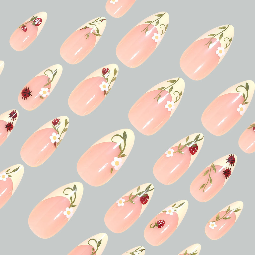 24Pcs Almond-Shaped Nails in Spring-Summer Style, Goose Yellow French Minimalist Fashion Fake Nails, Elegant Bud Flower Design, Cute Ladybug Design, Wearable Nails Suitable for Home Parties, Removable Fake Nails Suitable for