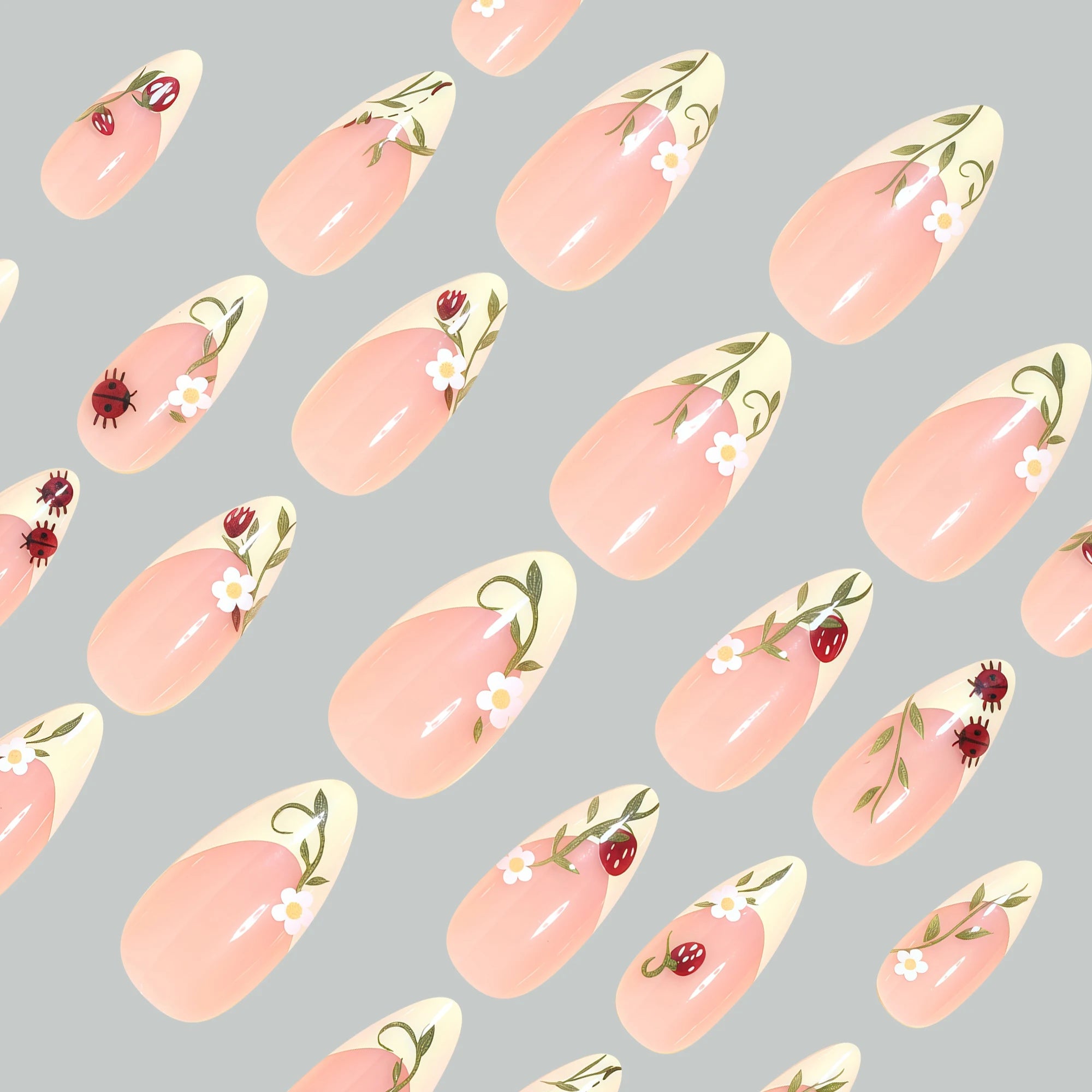 24Pcs Almond-Shaped Nails in Spring-Summer Style, Goose Yellow French Minimalist Fashion Fake Nails, Elegant Bud Flower Design, Cute Ladybug Design, Wearable Nails Suitable for Home Parties, Removable Fake Nails Suitable for