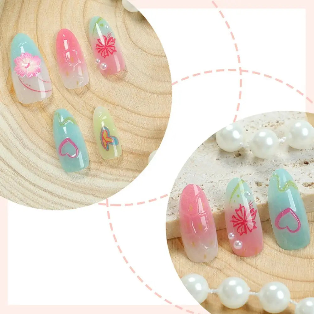 Summer Beach False Nails  Colorful Nails Sets With Pearl Flower Design Press On Nails Art Wearable Fake Nail