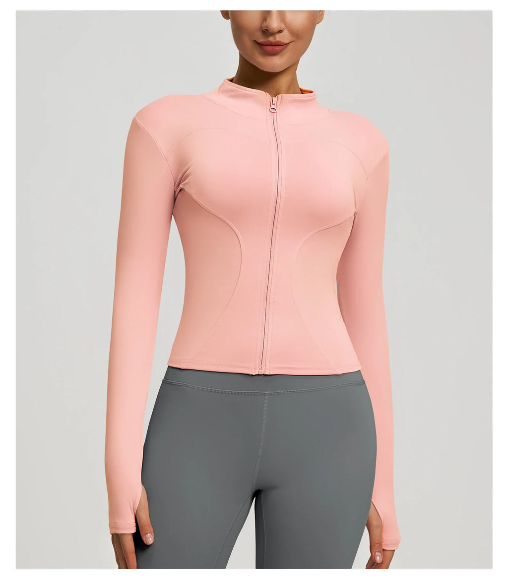 Slim Zipper Jacket Sports Jacket Women's Long Sleeved Tight Fitting Jacket Running Fitness Yoga Suit Top Peach Yoga Coat