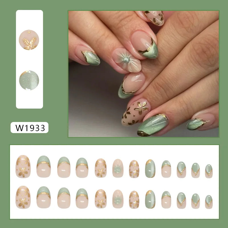 24pcs False Nails Glossy Green Summer Almond Fake Nail Tips Wearable Detachable Fashion Flower Print Press on Nails for Girl