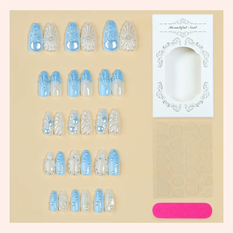 30pcs Fashion 3D Pearl Fake Nails Summer Beach Nail Art Reusable Press on Nails Blue Ocean Nail Art Designed Almond False Nails