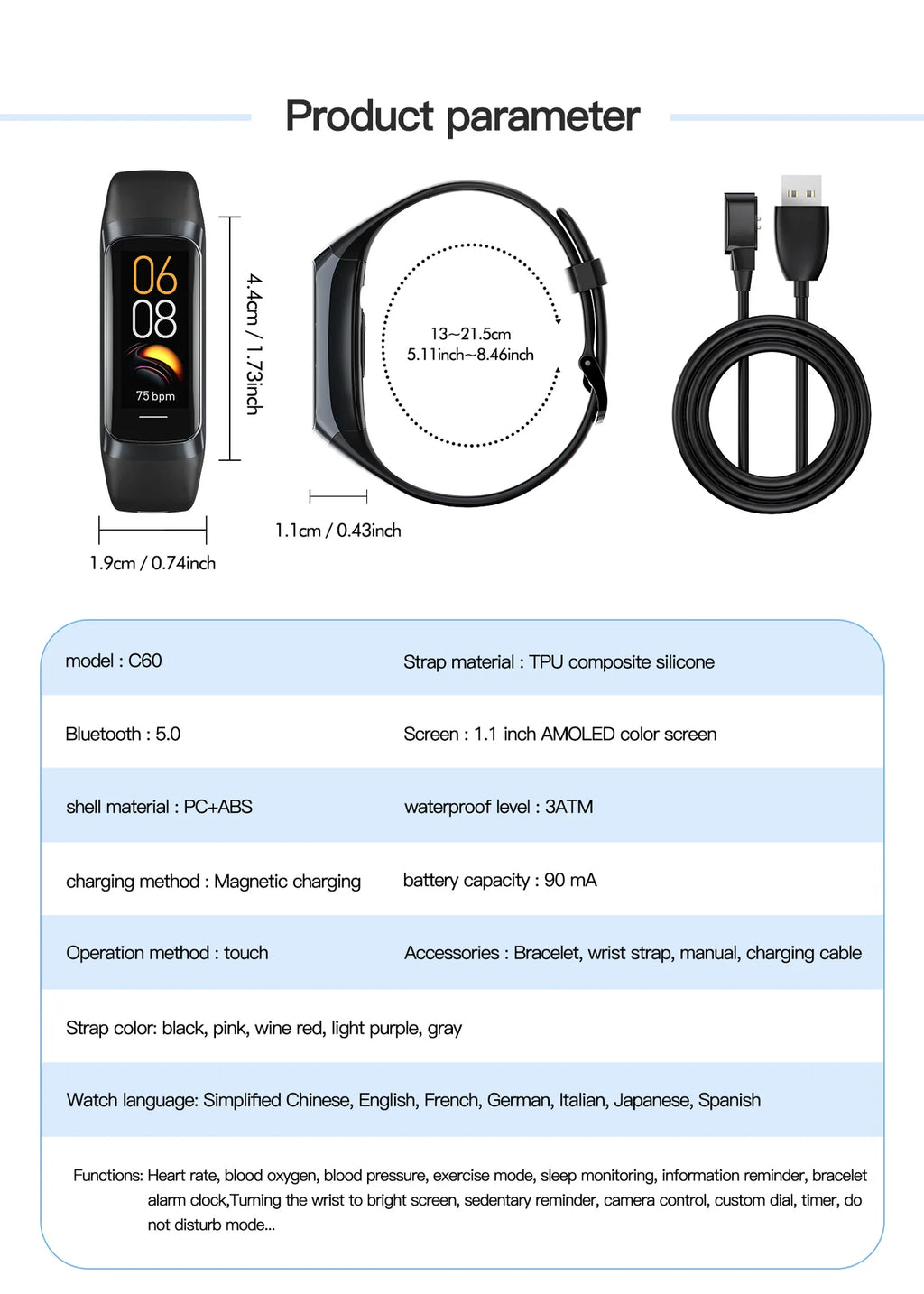 2024 Smart Watch Men Women Smart Bracelet Wristband 1.1 Inch Amoled Heart Rate Waterproof Body Fitness Tracker Band