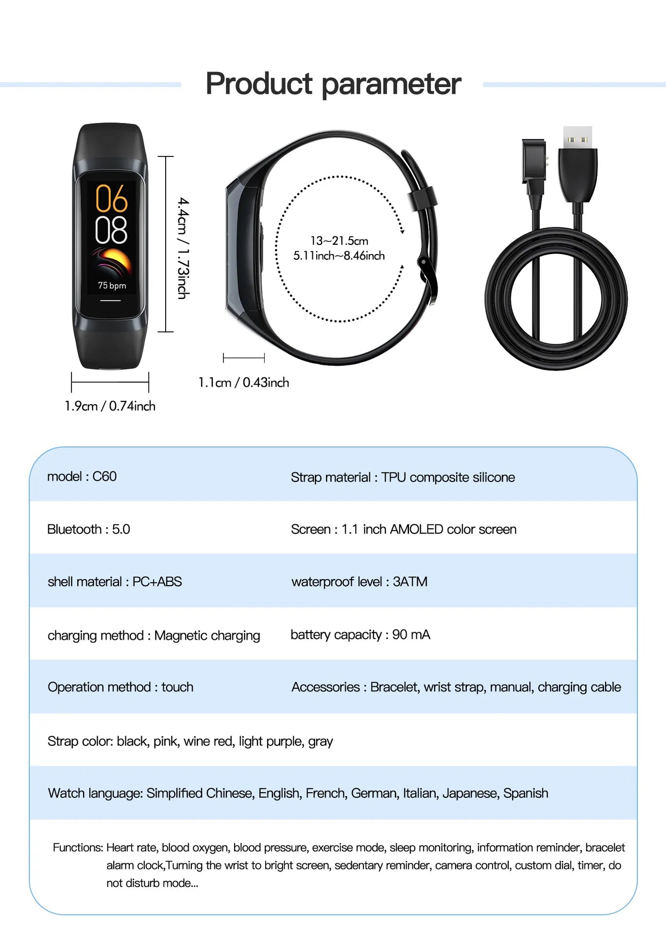 2024 Smart Watch Men Women Smart Bracelet Wristband 1.1 Inch Amoled Heart Rate Waterproof Body Fitness Tracker Band