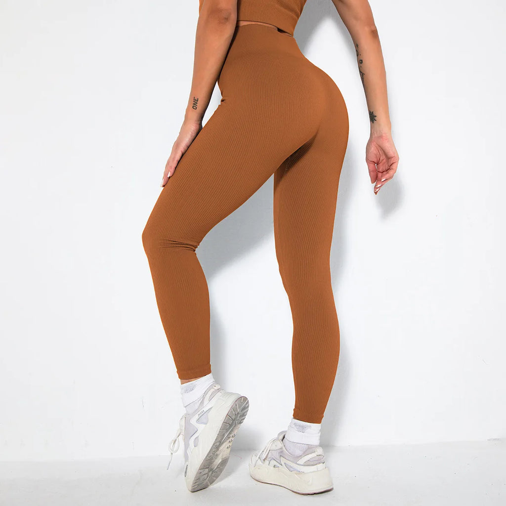 Seamless Ribbed Women Leggings Ladies High Waist Push Up Leggins Tight Striped Fitness Pants for Women Sport Gym Workout Pants