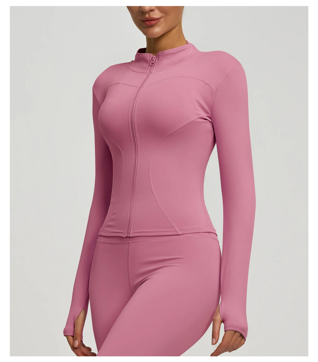 Slim Zipper Jacket Sports Jacket Women's Long Sleeved Tight Fitting Jacket Running Fitness Yoga Suit Top Peach Yoga Coat