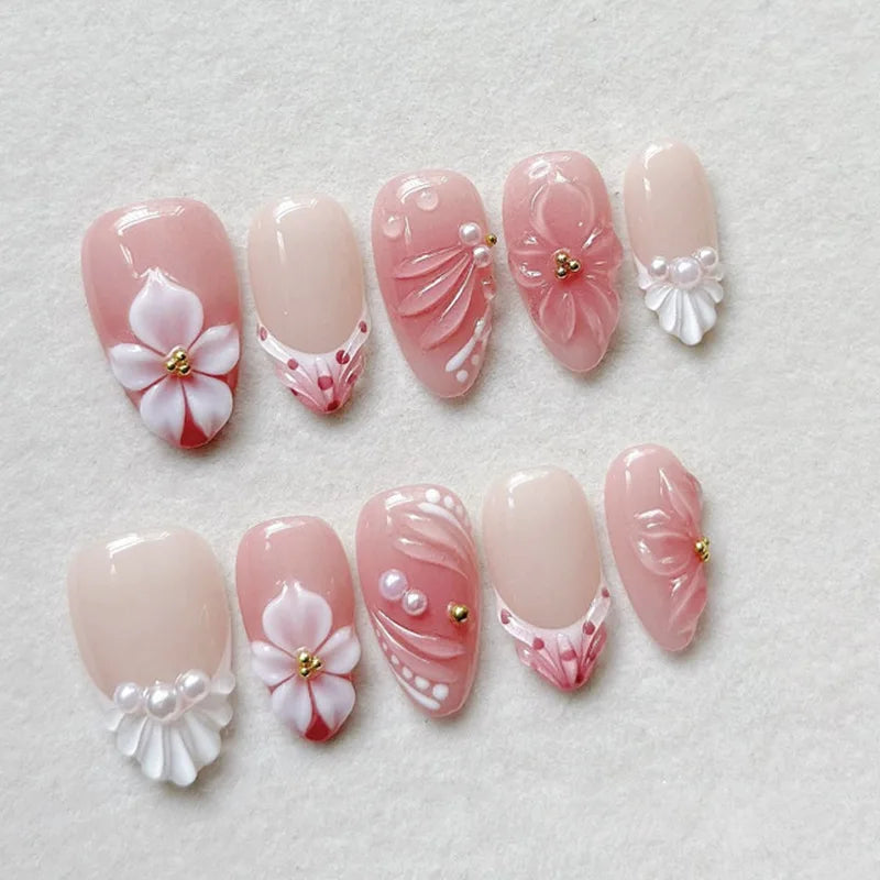 24pcs/set Flower French Almond Press on Nails Summer False Nails Pink Wearable Stick-on Nails Fake Nail Накладные Ногти 네일팁 Uñas