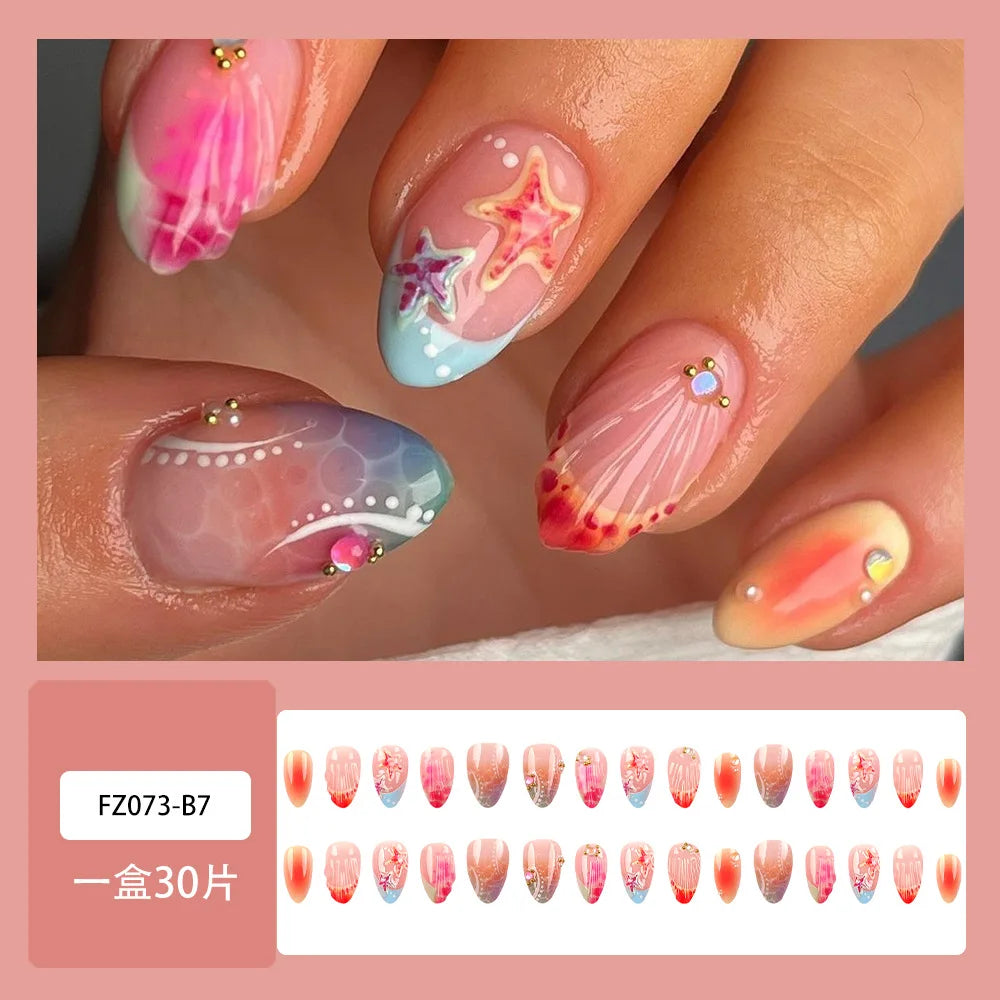 24pcs French Almond Press on Nails Colorful False Nails Summer Wearable Stick-on Nails Fake Nail Uñas Накладные Ногти 네일팁