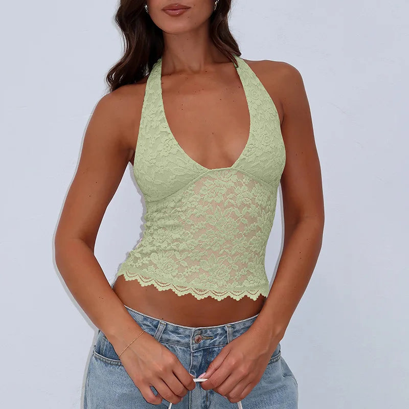 Women Summer Halter Tank Tops Hot Girls Sexy Hollow Out Lace Backless Vest Crop Tops