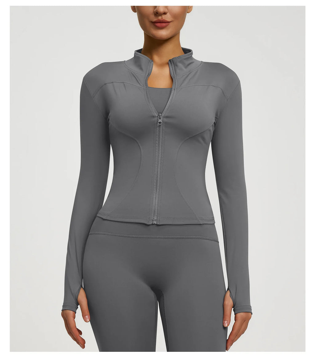 Slim Zipper Jacket Sports Jacket Women's Long Sleeved Tight Fitting Jacket Running Fitness Yoga Suit Top Peach Yoga Coat